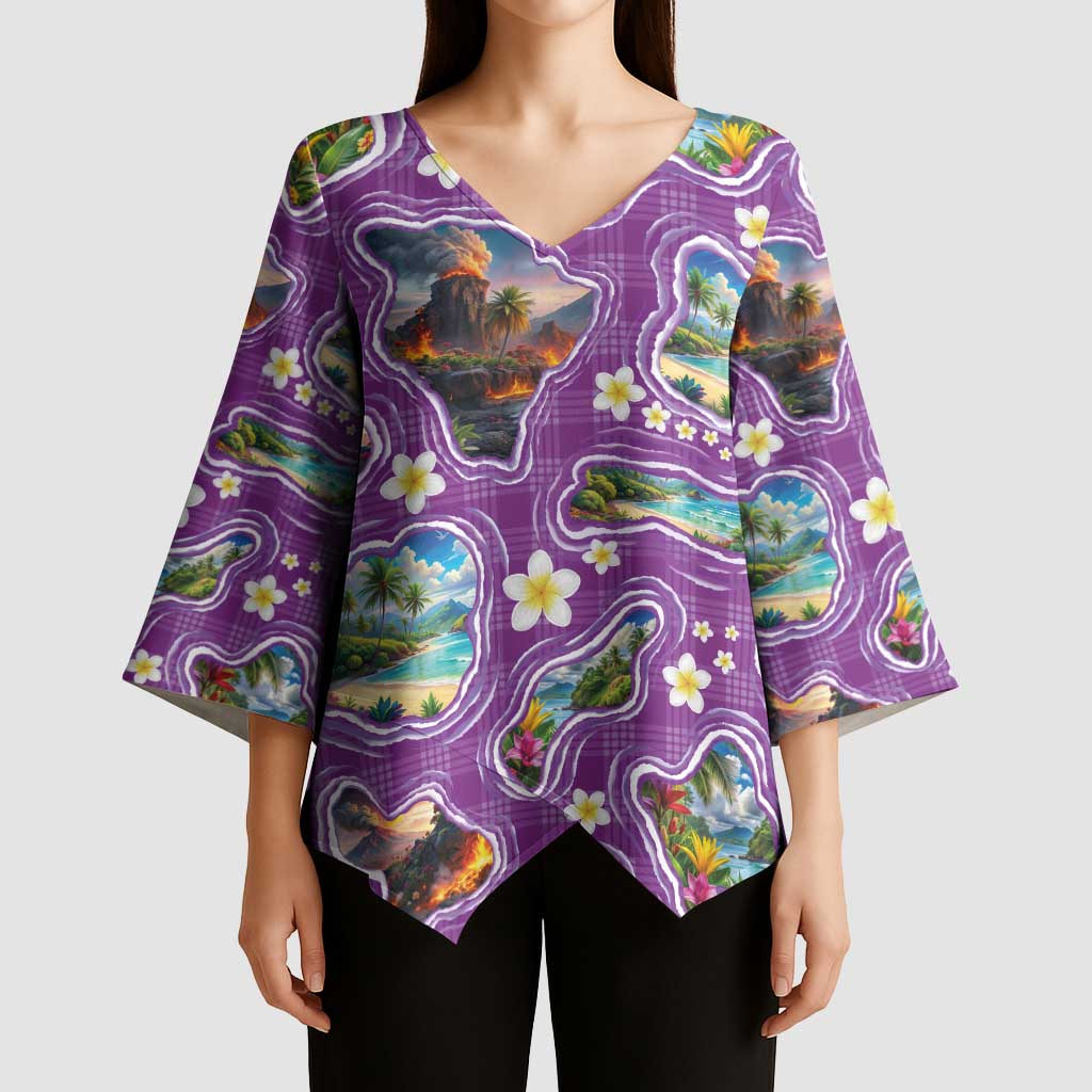 Hawaiian Island Shapes-Iconic Landscape Kimono Sleeve Blouse with Plumeria and Palaka Purple Color LT03 - Polynesian Pride