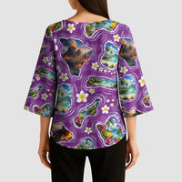 Hawaiian Island Shapes-Iconic Landscape Kimono Sleeve Blouse with Plumeria and Palaka Purple Color LT03 - Polynesian Pride