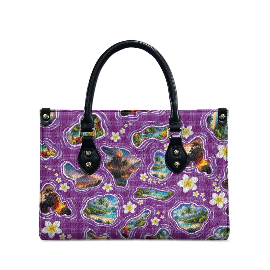 Hawaiian Island Shapes-Iconic Landscape Leather Bag with Plumeria and Palaka Purple Color