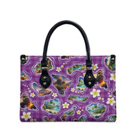 Hawaiian Island Shapes-Iconic Landscape Leather Bag with Plumeria and Palaka Purple Color