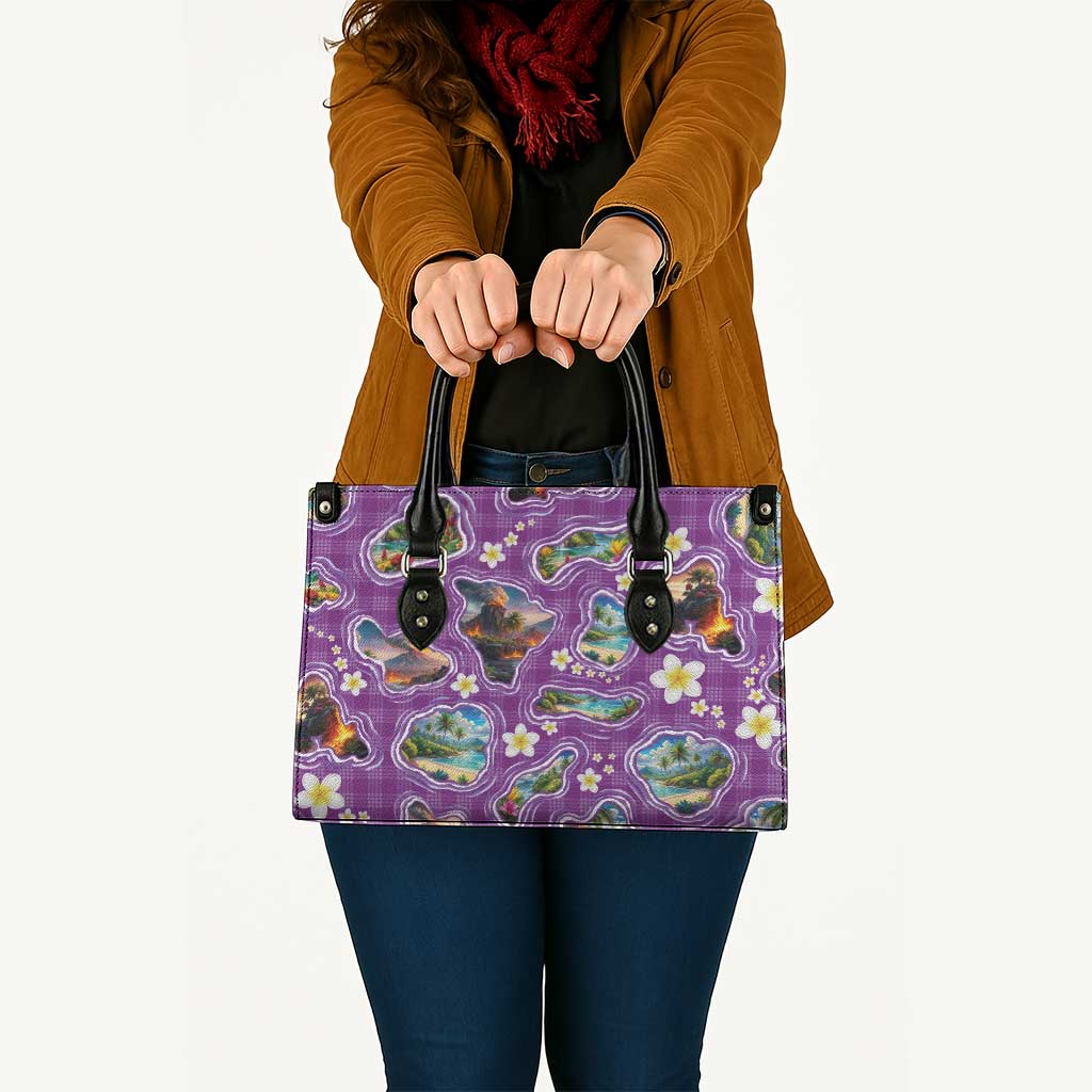 Hawaiian Island Shapes-Iconic Landscape Leather Bag with Plumeria and Palaka Purple Color