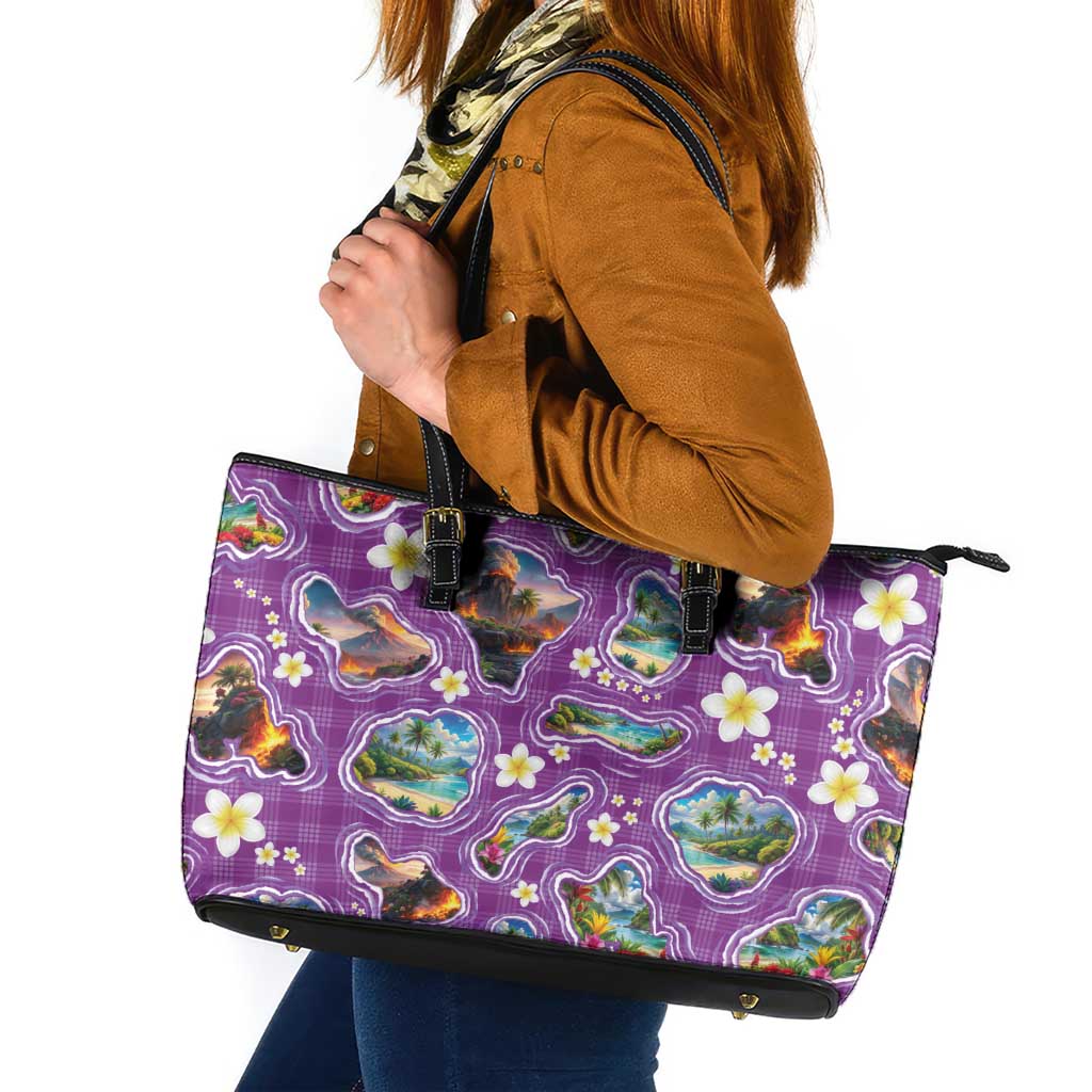 Hawaiian Island Shapes-Iconic Landscape Leather Tote Bag with Plumeria and Palaka Purple Color LT03 Purple - Polynesian Pride