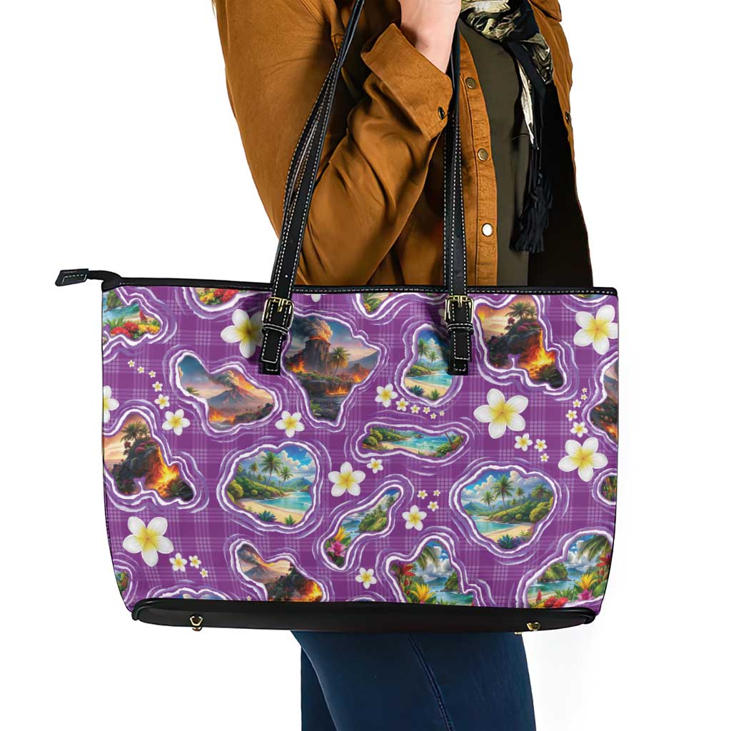 Hawaiian Island Shapes-Iconic Landscape Leather Tote Bag with Plumeria and Palaka Purple Color LT03 - Polynesian Pride
