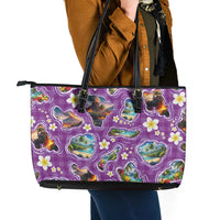 Hawaiian Island Shapes-Iconic Landscape Leather Tote Bag with Plumeria and Palaka Purple Color LT03 - Polynesian Pride