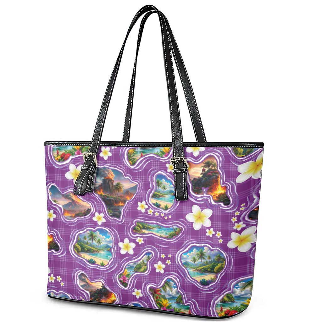 Hawaiian Island Shapes-Iconic Landscape Leather Tote Bag with Plumeria and Palaka Purple Color LT03 - Polynesian Pride