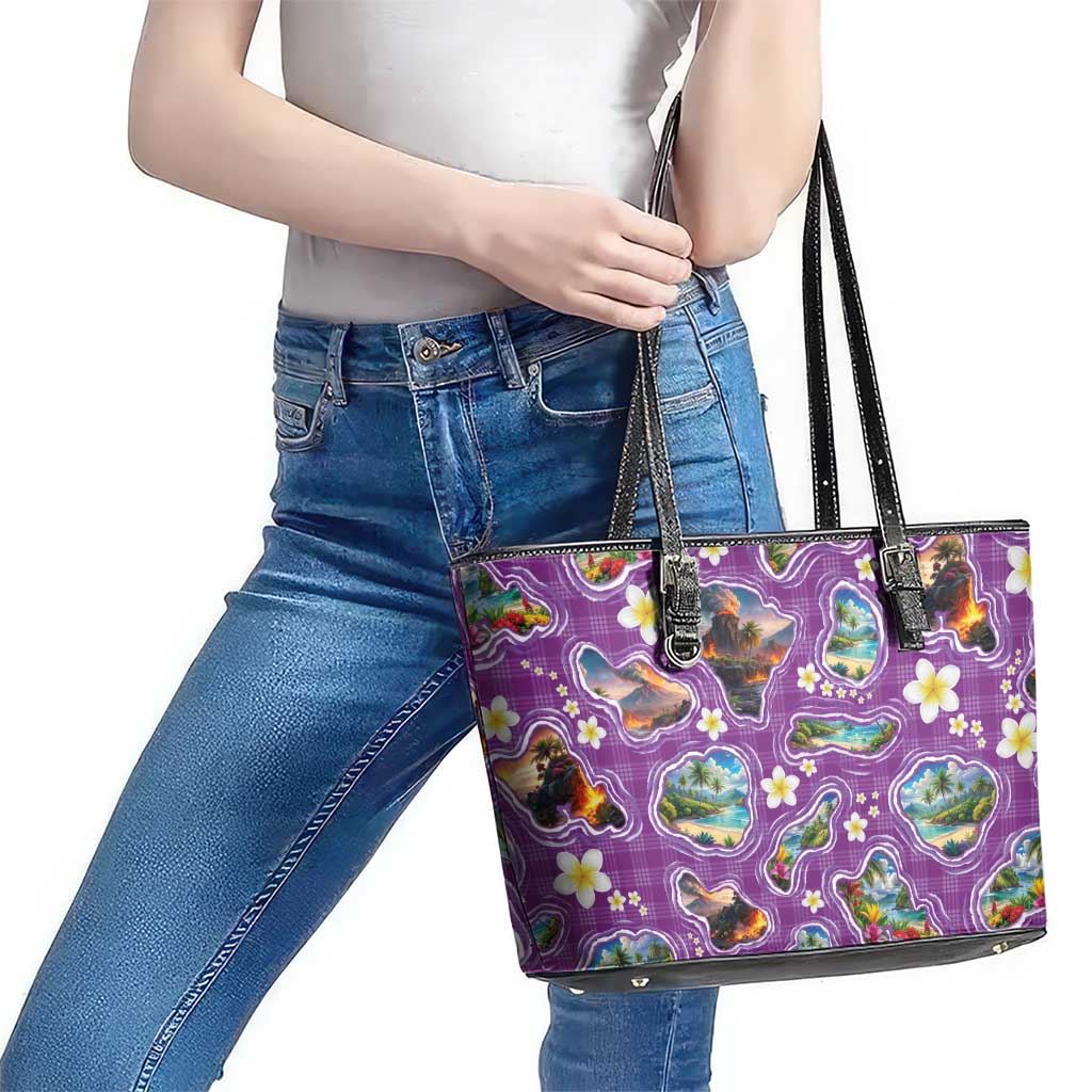 Hawaiian Island Shapes-Iconic Landscape Leather Tote Bag with Plumeria and Palaka Purple Color LT03 - Polynesian Pride