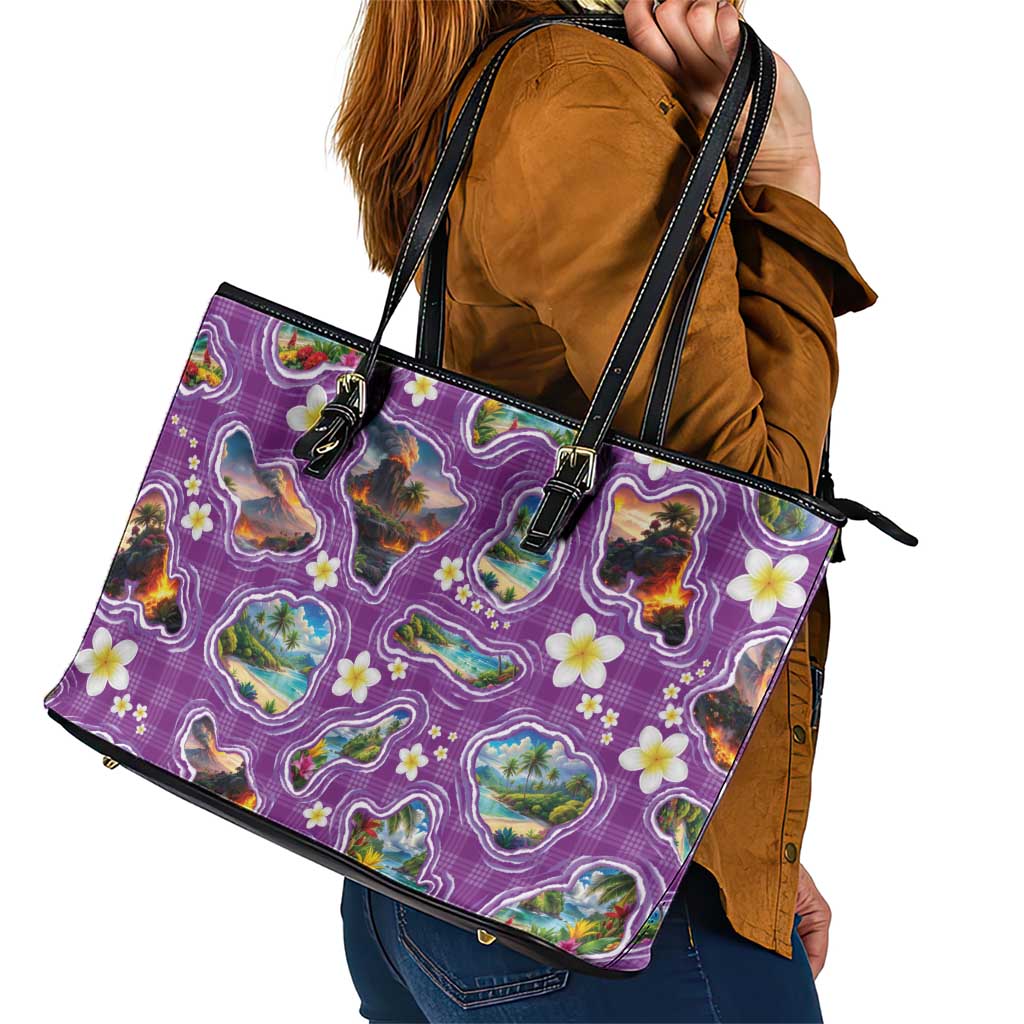Hawaiian Island Shapes-Iconic Landscape Leather Tote Bag with Plumeria and Palaka Purple Color LT03 - Polynesian Pride