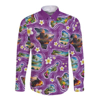 Hawaiian Island Shapes-Iconic Landscape Long Sleeve Button Shirt with Plumeria and Palaka Purple Color