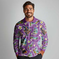 Hawaiian Island Shapes-Iconic Landscape Long Sleeve Polo Shirt with Plumeria and Palaka Purple Color LT03 - Polynesian Pride