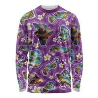 Hawaiian Island Shapes-Iconic Landscape Long Sleeve Shirt with Plumeria and Palaka Purple Color LT03 Unisex Purple - Polynesian Pride