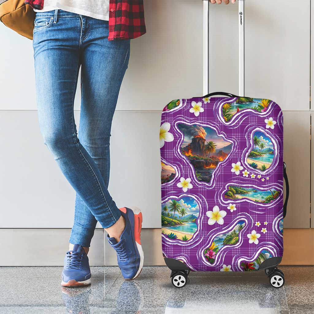 Hawaiian Island Shapes-Iconic Landscape Luggage Cover with Plumeria and Palaka Purple Color LT03 - Polynesian Pride
