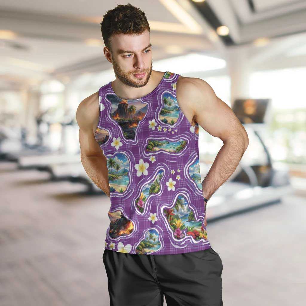 Hawaiian Island Shapes-Iconic Landscape Men Tank Top with Plumeria and Palaka Purple Color