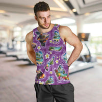 Hawaiian Island Shapes-Iconic Landscape Men Tank Top with Plumeria and Palaka Purple Color LT03 Purple - Polynesian Pride