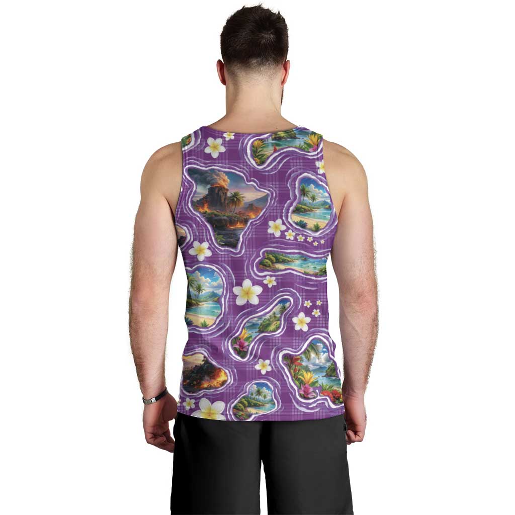 Hawaiian Island Shapes-Iconic Landscape Men Tank Top with Plumeria and Palaka Purple Color LT03 - Polynesian Pride
