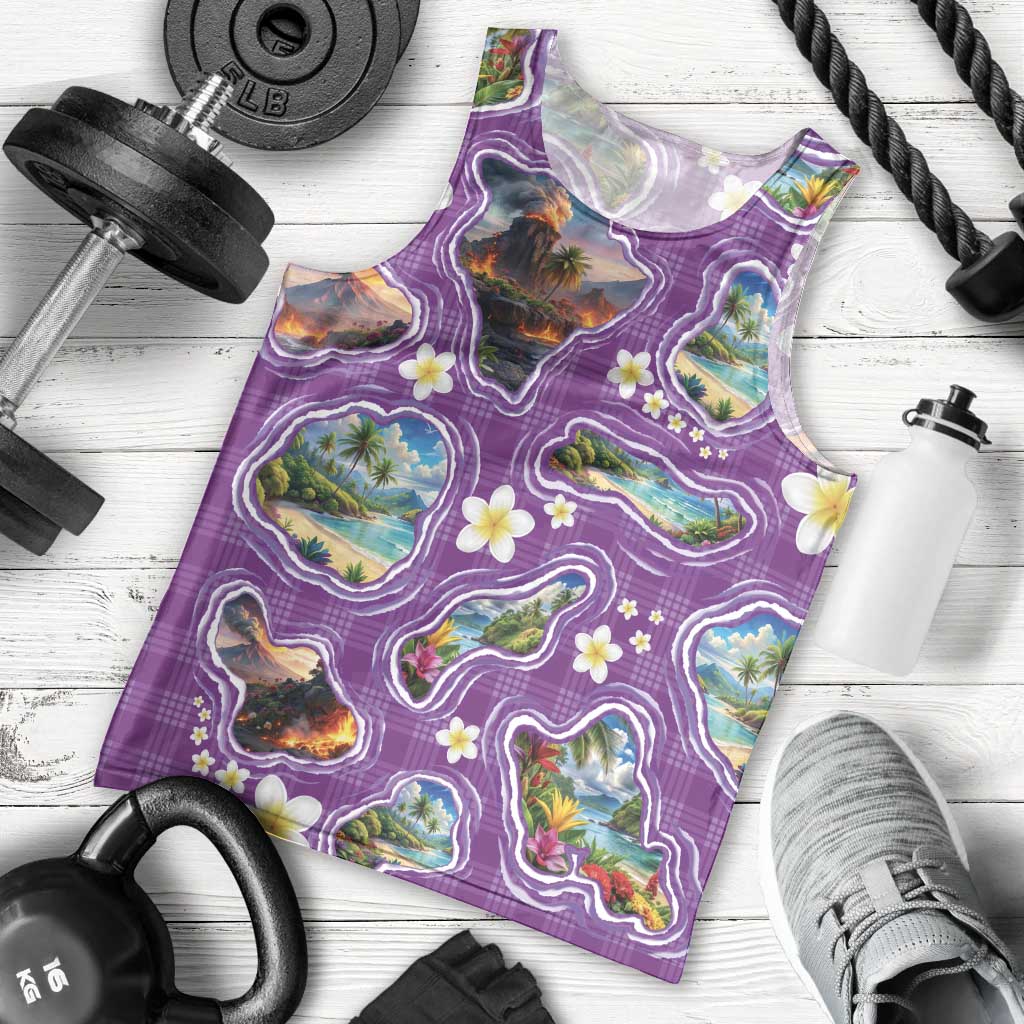 Hawaiian Island Shapes-Iconic Landscape Men Tank Top with Plumeria and Palaka Purple Color LT03 - Polynesian Pride