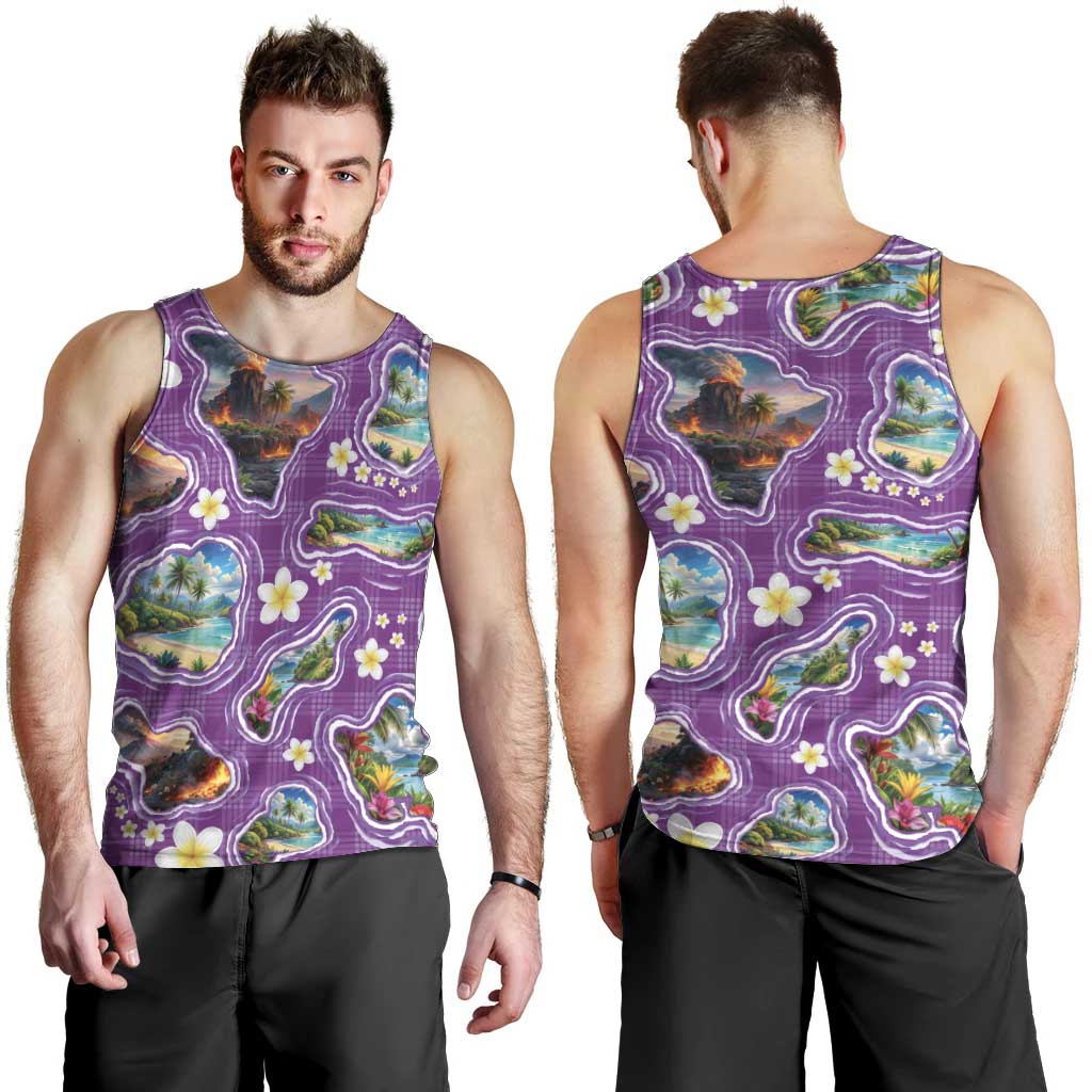 Hawaiian Island Shapes-Iconic Landscape Men Tank Top with Plumeria and Palaka Purple Color LT03 - Polynesian Pride