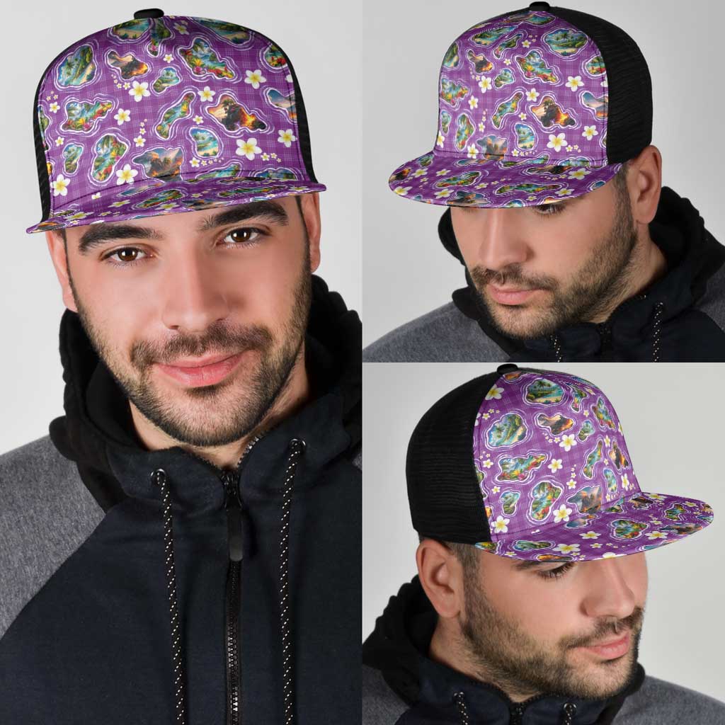 Hawaiian Island Shapes-Iconic Landscape Mesh Trucker Cap with Plumeria and Palaka Purple Color