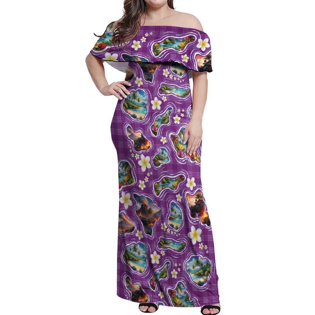 Hawaiian Island Shapes-Iconic Landscape Off Shoulder Maxi Dress with Plumeria and Palaka Purple Color