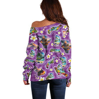 Hawaiian Island Shapes-Iconic Landscape Off Shoulder Sweater with Plumeria and Palaka Purple Color