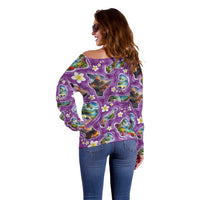 Hawaiian Island Shapes-Iconic Landscape Off Shoulder Sweater with Plumeria and Palaka Purple Color
