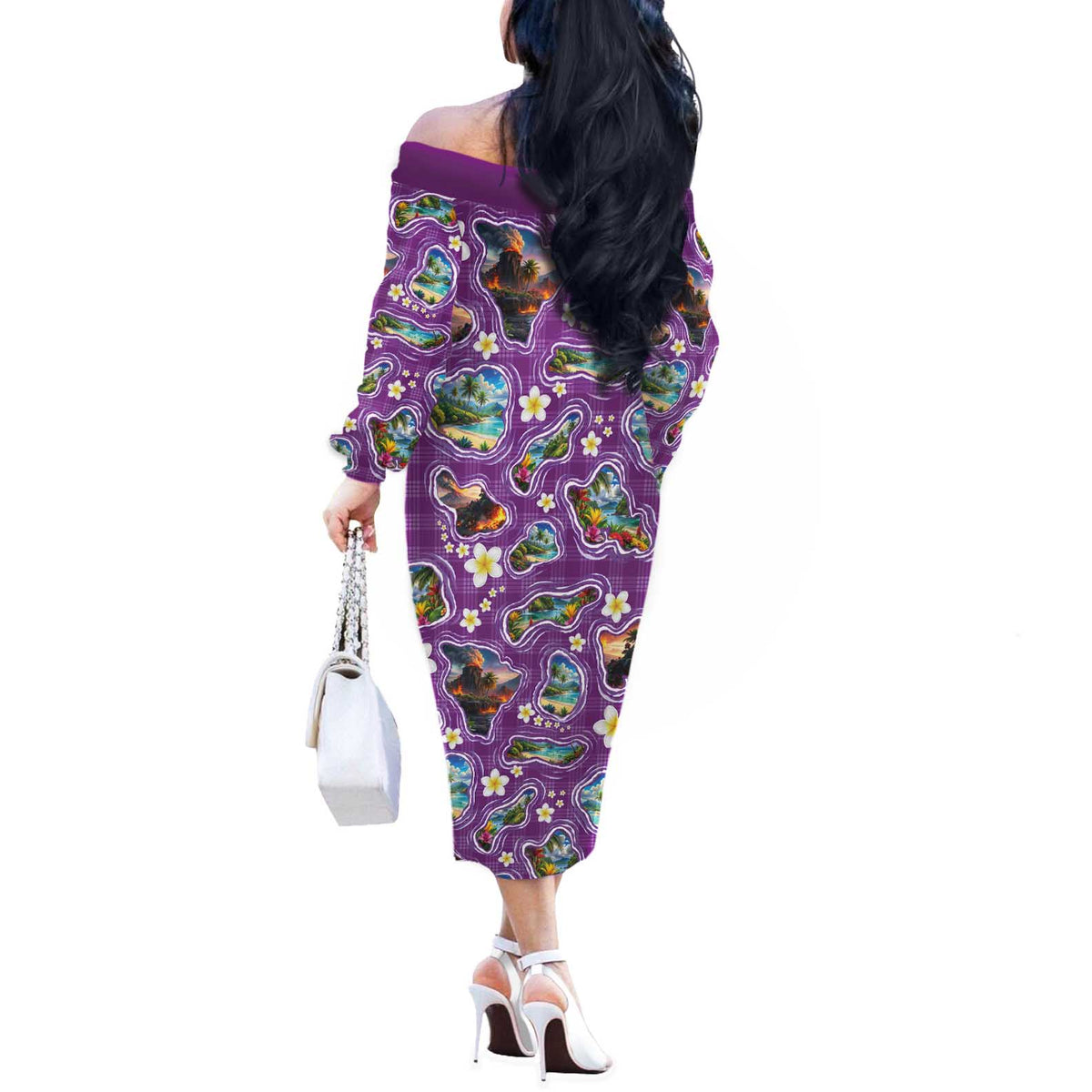 Hawaiian Island Shapes-Iconic Landscape Off The Shoulder Long Sleeve Dress with Plumeria and Palaka Purple Color LT03 - Polynesian Pride