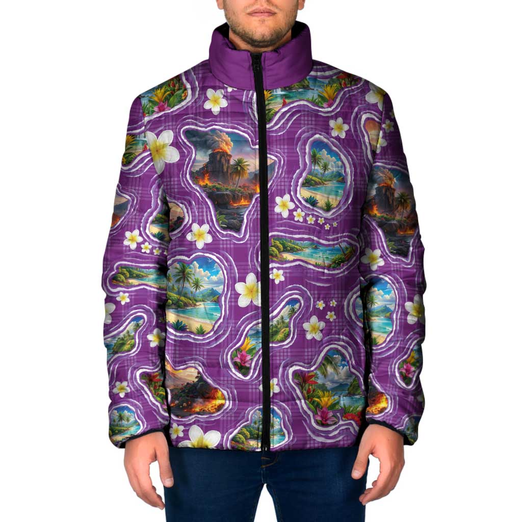 Hawaiian Island Shapes-Iconic Landscape Padded Jacket with Plumeria and Palaka Purple Color