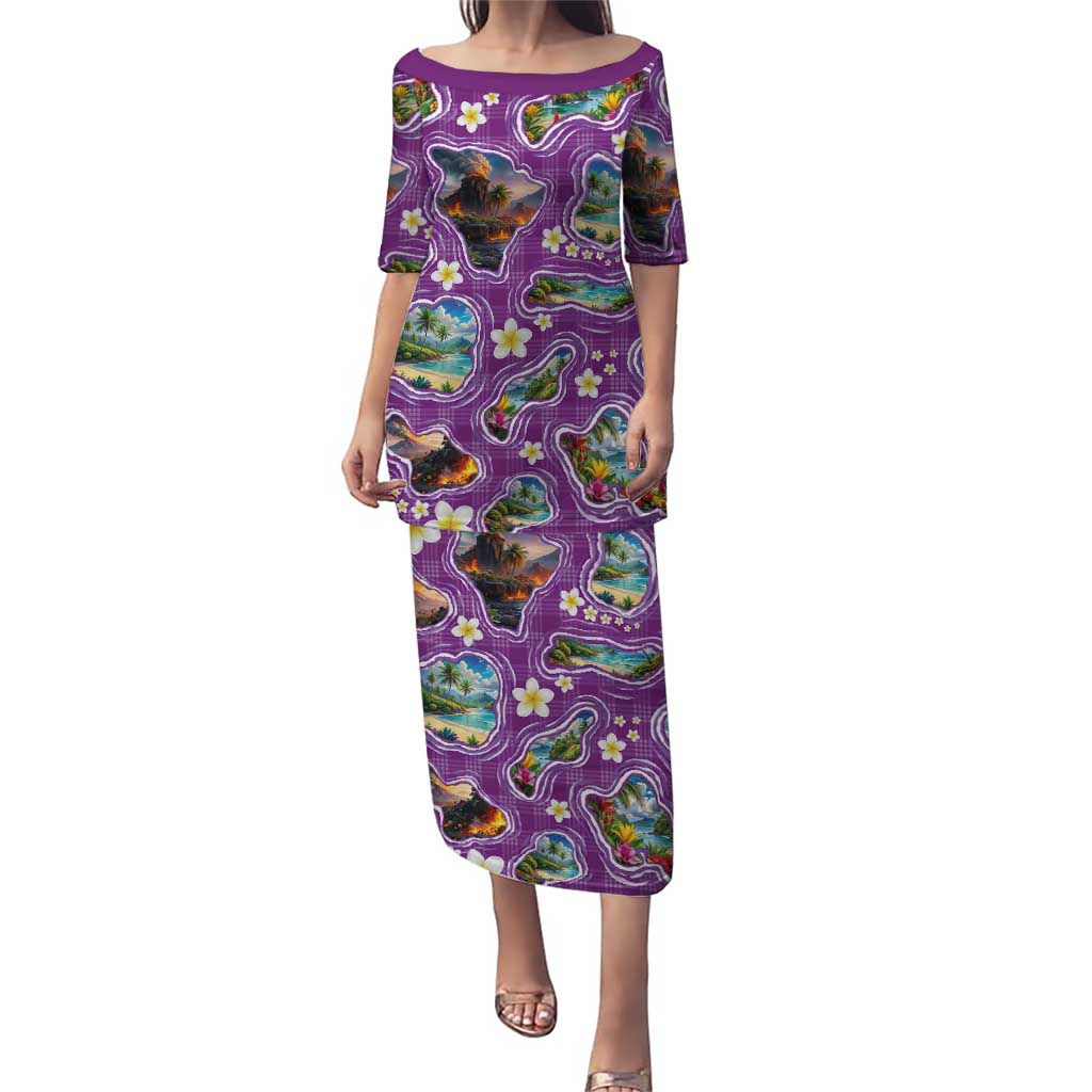 Hawaiian Island Shapes-Iconic Landscape Puletasi with Plumeria and Palaka Purple Color
