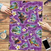 Hawaiian Island Shapes-Iconic Landscape Puzzle with Plumeria and Palaka Purple Color