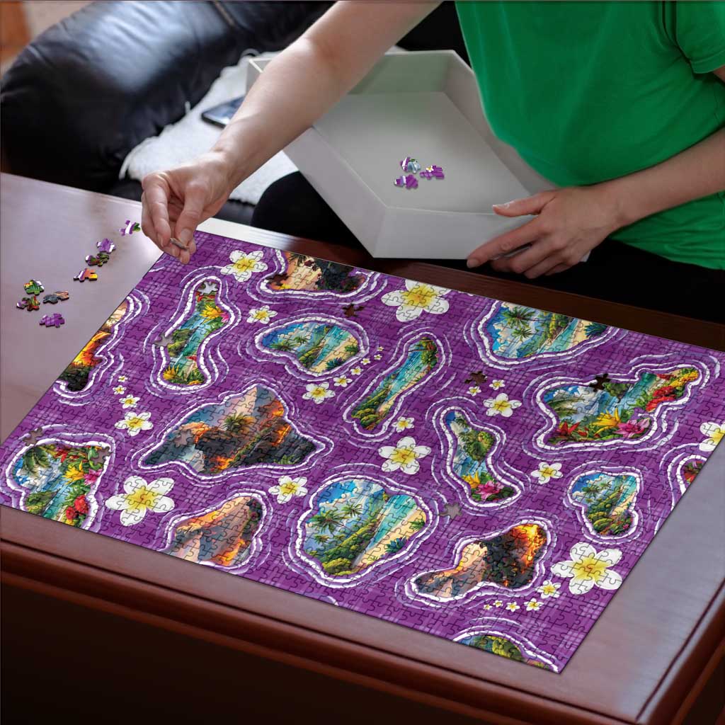 Hawaiian Island Shapes-Iconic Landscape Puzzle with Plumeria and Palaka Purple Color