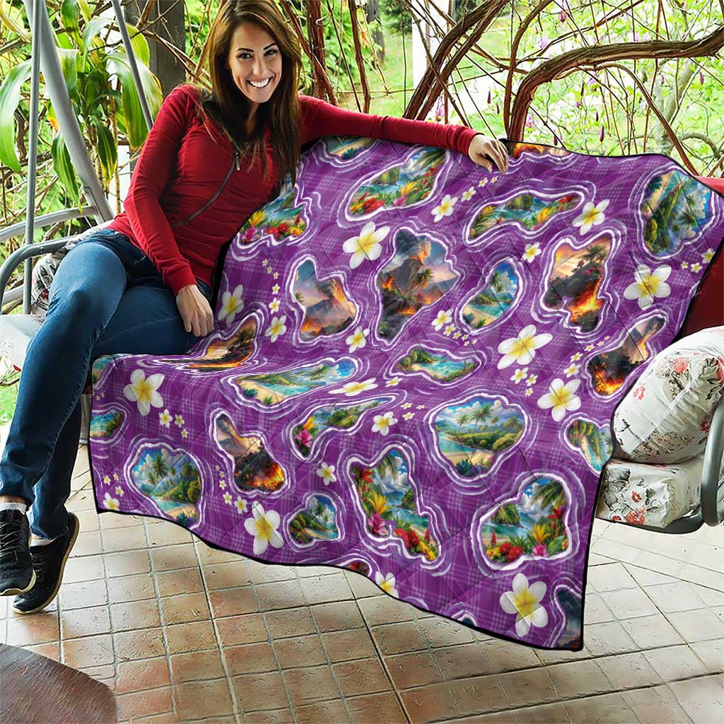 Hawaiian Island Shapes-Iconic Landscape Quilt with Plumeria and Palaka Purple Color