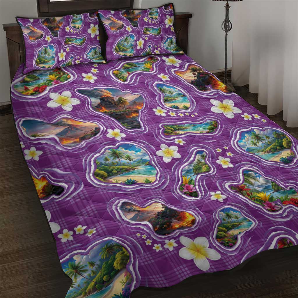Hawaiian Island Shapes-Iconic Landscape Quilt Bed Set with Plumeria and Palaka Purple Color