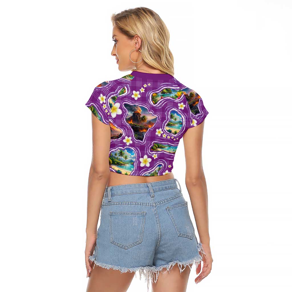 Hawaiian Island Shapes-Iconic Landscape Raglan Cropped T Shirt with Plumeria and Palaka Purple Color LT03 - Polynesian Pride