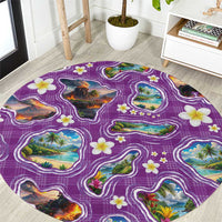 Hawaiian Island Shapes-Iconic Landscape Round Carpet with Plumeria and Palaka Purple Color