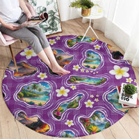 Hawaiian Island Shapes-Iconic Landscape Round Carpet with Plumeria and Palaka Purple Color
