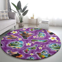 Hawaiian Island Shapes-Iconic Landscape Round Carpet with Plumeria and Palaka Purple Color