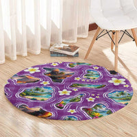 Hawaiian Island Shapes-Iconic Landscape Round Carpet with Plumeria and Palaka Purple Color