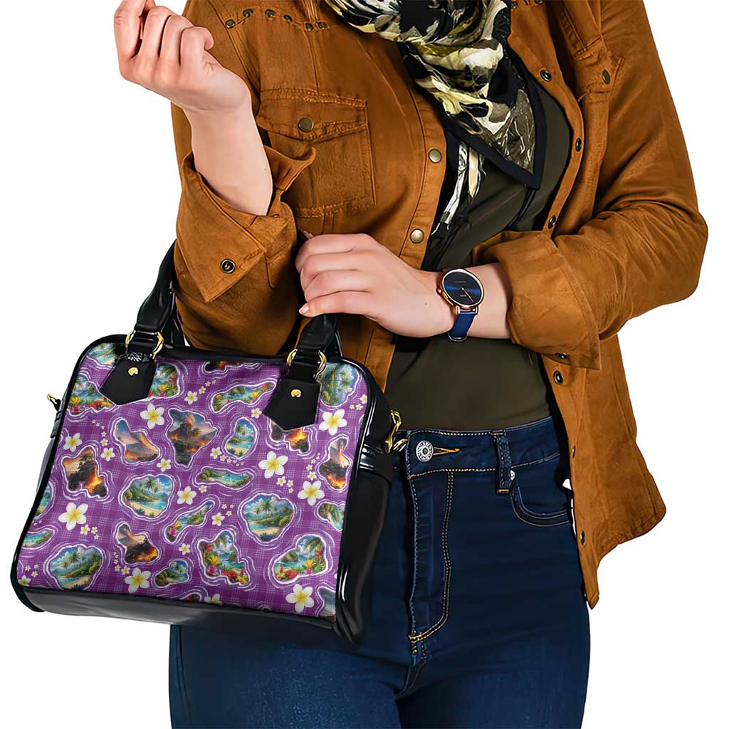 Hawaiian Island Shapes-Iconic Landscape Shoulder Handbag with Plumeria and Palaka Purple Color