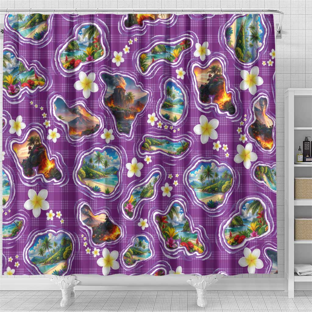 Hawaiian Island Shapes-Iconic Landscape Shower Curtain with Plumeria and Palaka Purple Color LT03 - Polynesian Pride