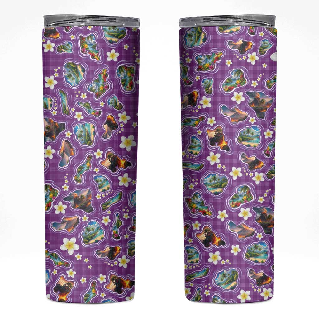 Hawaiian Island Shapes-Iconic Landscape Skinny Tumbler with Plumeria and Palaka Purple Color