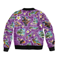 Hawaiian Island Shapes-Iconic Landscape Sleeve Zip Bomber Jacket with Plumeria and Palaka Purple Color