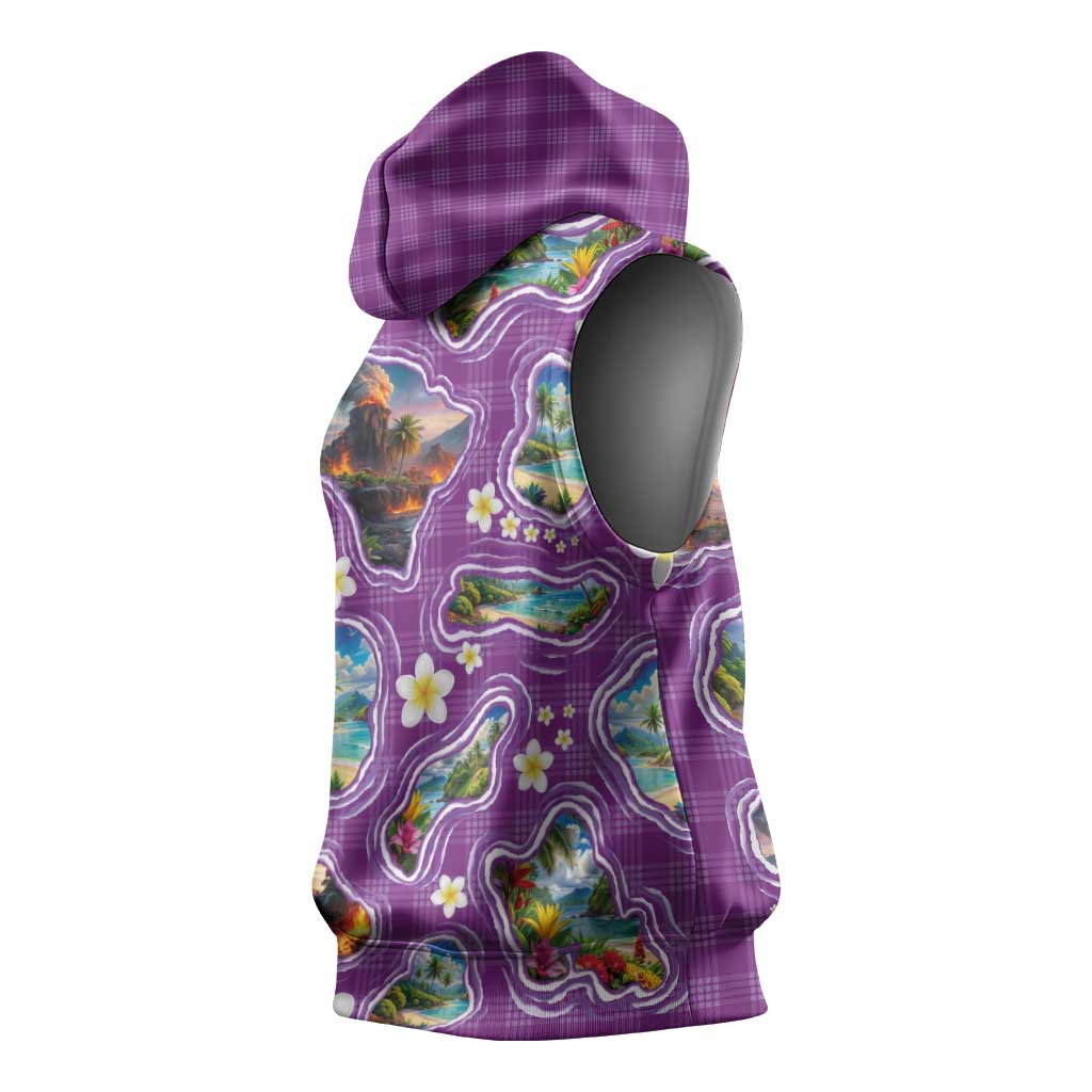 Hawaiian Island Shapes-Iconic Landscape Sleeveless Hoodie with Plumeria and Palaka Purple Color LT03 - Polynesian Pride