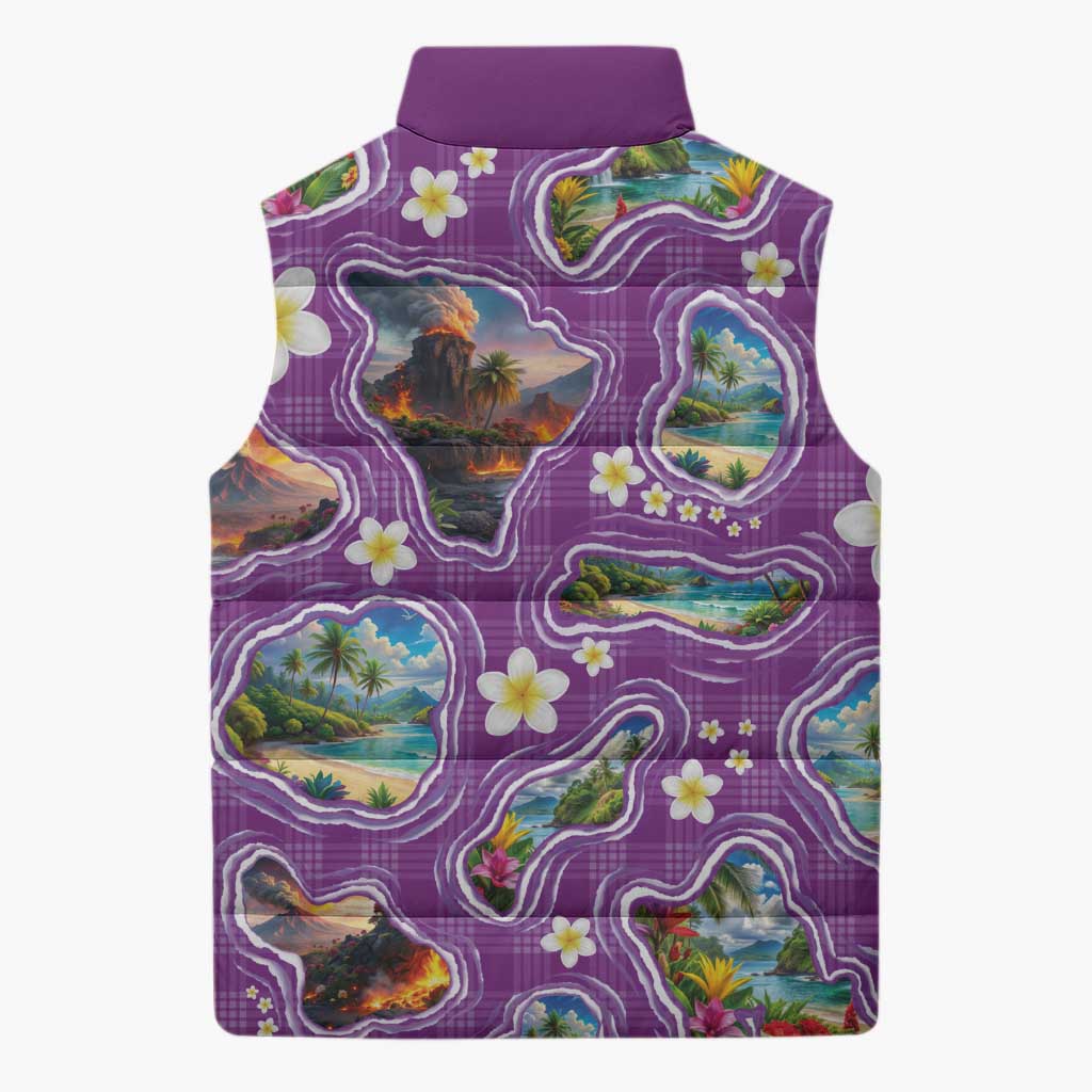 Hawaiian Island Shapes-Iconic Landscape Sleeveless Puffer Jacket with Plumeria and Palaka Purple Color