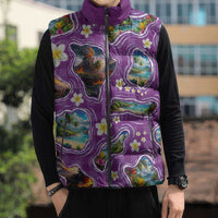 Hawaiian Island Shapes-Iconic Landscape Sleeveless Puffer Jacket with Plumeria and Palaka Purple Color
