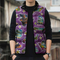 Hawaiian Island Shapes-Iconic Landscape Sleeveless Puffer Jacket with Plumeria and Palaka Purple Color
