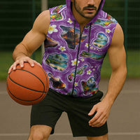 Hawaiian Island Shapes-Iconic Landscape Sleeveless Zip Hoodie with Plumeria and Palaka Purple Color LT03 - Polynesian Pride