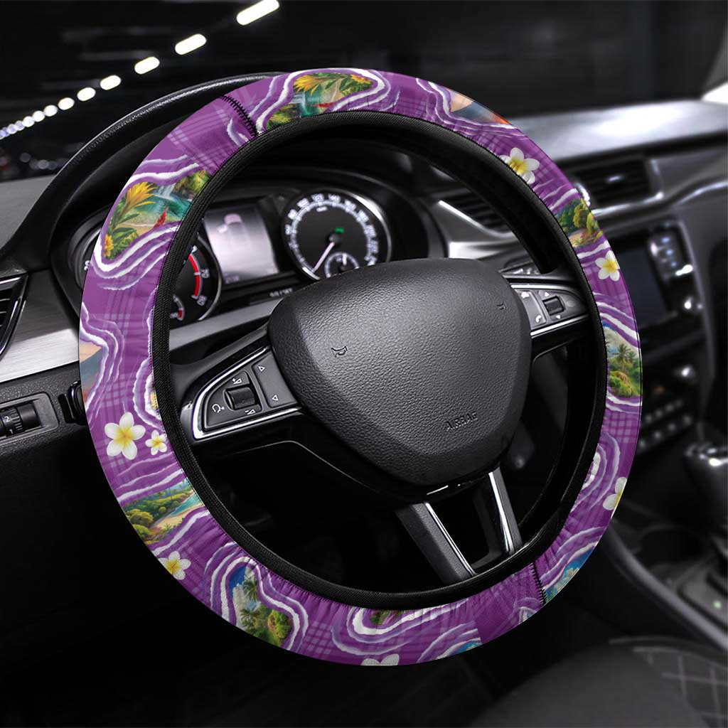 Hawaiian Island Shapes-Iconic Landscape Steering Wheel Cover with Plumeria and Palaka Purple Color