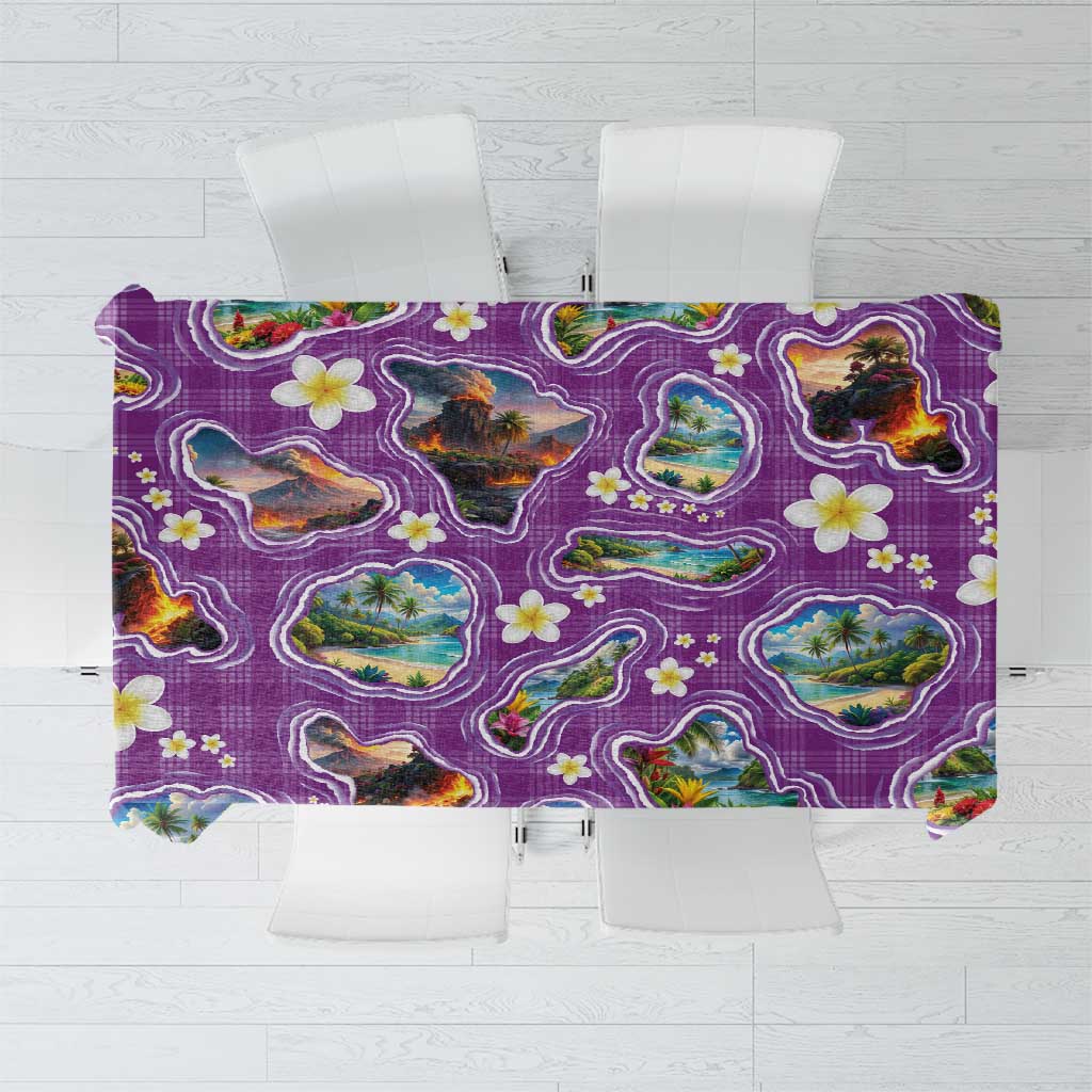 Hawaiian Island Shapes-Iconic Landscape Tablecloth with Plumeria and Palaka Purple Color
