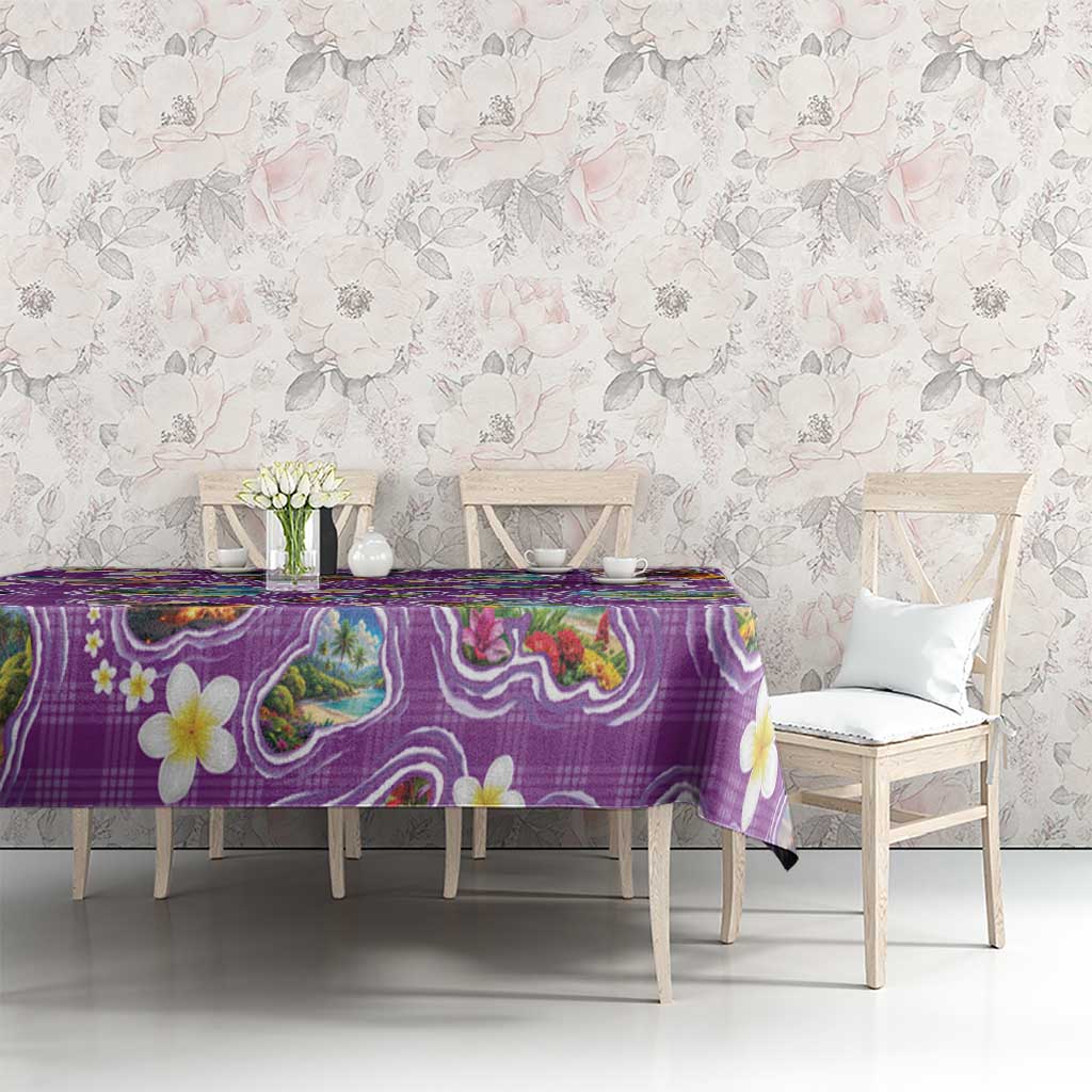 Hawaiian Island Shapes-Iconic Landscape Tablecloth with Plumeria and Palaka Purple Color