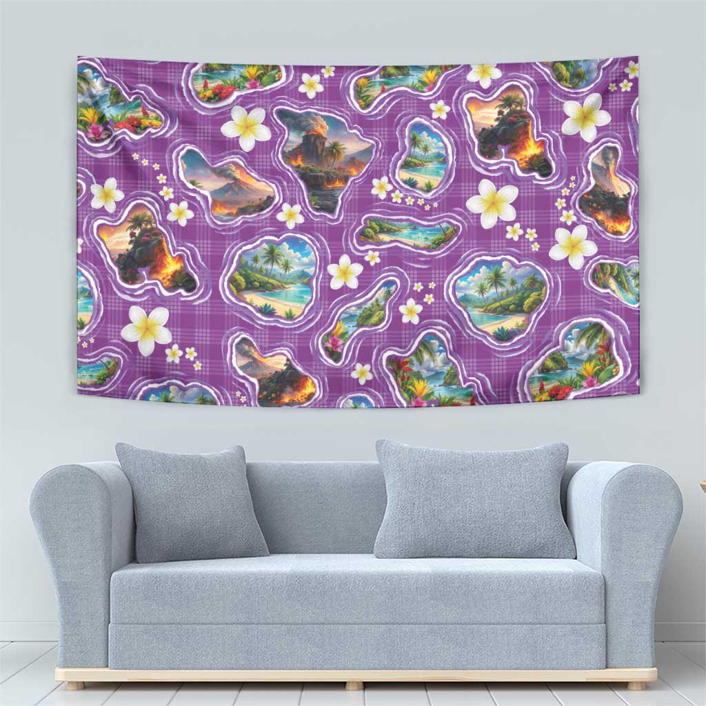 Hawaiian Island Shapes-Iconic Landscape Tapestry with Plumeria and Palaka Purple Color