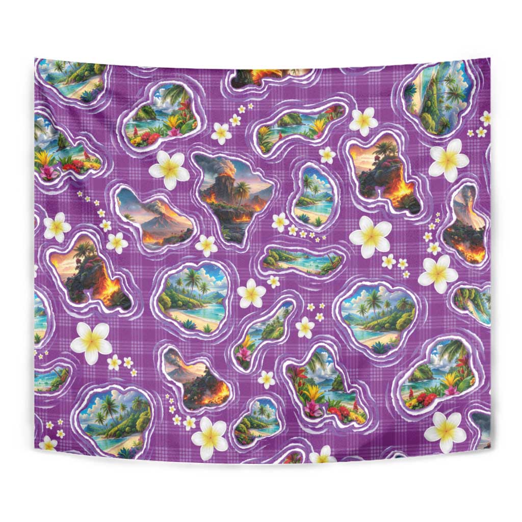 Hawaiian Island Shapes-Iconic Landscape Tapestry with Plumeria and Palaka Purple Color